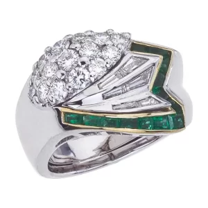 couture coctail ring with baguette emeralds, baguette diamonds, and round diamonds