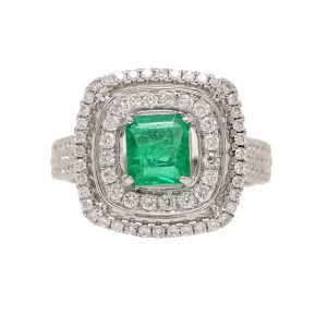 cocktail ring with square emerald surrounded by a double halo of round diamonds