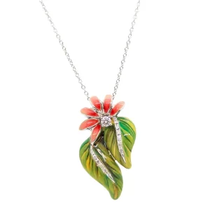 orange enamel tropical flower and two green large leaves; diamonds in center and down centers of leaves