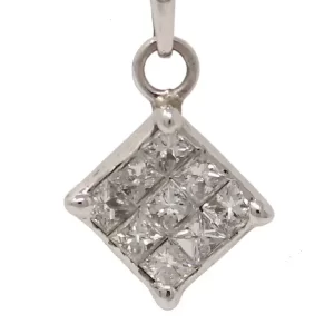 9 square diamonds set in an undulating square or rhombus with an attached O ring pendant that hangs from a bail