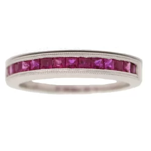 square step-cut rubies channel set in a straight line band