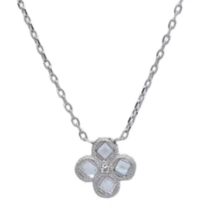 petite sterling silver 4-leaf clover with a bezel-set, step-cut square CZ in each leaf