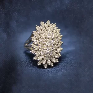 cluster of 49 round diamonds set in 3 concentric ovals and crowned with 3 diamonds