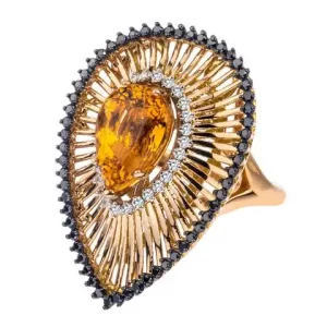 pear orange topaz set in fancy rose gold surrounded by black diamonds