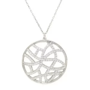 open weave large flat round CZ studded pendant