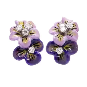 post earrings with a light purple pansy on top of and overlapping a dark purple pansy; each pansy is accented with round diamonds