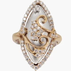 art deco inspired pointed oval ring with clusters of diamonds and a halo of idamond