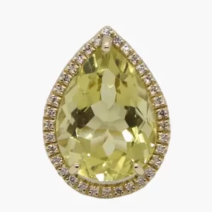 large pear-shape lemon amethyst with a halo of diamonds