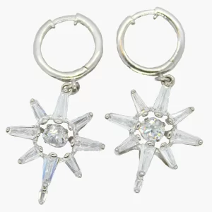 hoop earrings with dangling silver starbursts accented with CZs