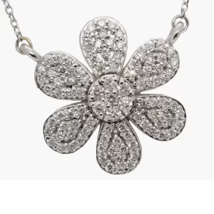 flower shape with 6 petals of round diamond clusters surrounding a round diamond cluster center