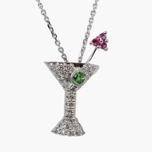 diamond cluster dainty martini glass with a Tsavorite garnet olive and pink sapphires swizzle stick