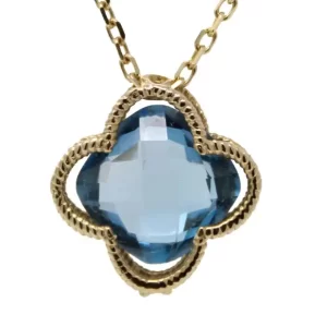cushion cut blue topaz set between two layers of yellow gold in the shape of a clover and attached to a chain