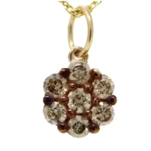 a pendent with 7 round diamonds all the same size; 1 diamond in the center surrounded by 6 diamonds
