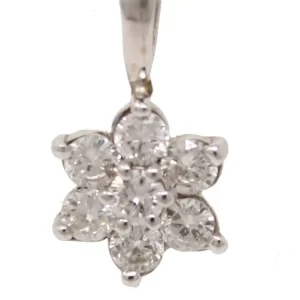 flower shaped diamond pendant with 1 round center diamond surrounded by 6 round diamond petals