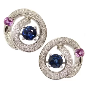 post earrings with a round blue sapphire and a round rink sapphire and diamonds in each