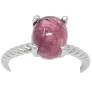 cabochon pink tourmaline ring set in 4 prongs with a twisted rope shank