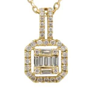 round diamonds in a hexagon shape with an inner square of baguettes and round diamonds attached to a round diamond studded bail