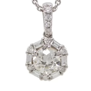 pendant with a round center diamond with a halo of 6 baguette and 6 round diamonds in a hexagon shape and attached diamond bail