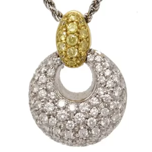 cluster of diamonds in a flattened sphere with an off-center circular cutout attached to a cluster of yellow diamonds bail