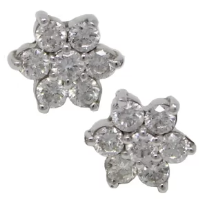 post earrings with center round diamond surrounded by 5 round diamonds to form a star shape