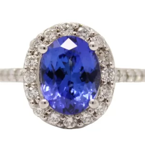 oval tanzanite surround by a halo of round diamonds