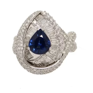 pear sapphire surrounded by baguette and round diamonds