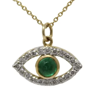 evil eye pendant with a round emerald eye ball surrounded by diamonds in an eye shape