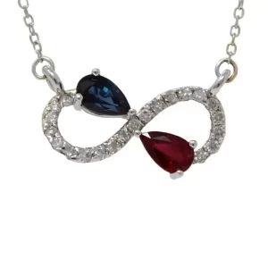 pear blue sapphire, pear ruby at converging ends of an infinity shape studded with round diamonds