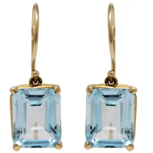 yellow gold fishhook earrings with large step cut blue topaz