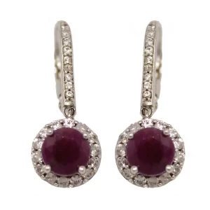lever back earrings with round red gemstone surrounded by a CZ halo and CZs on the face of the lever