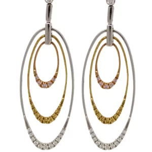 dangle post earrings with rose, yellow, and white gold nested loops accented with pink, yellow, and white diamonds