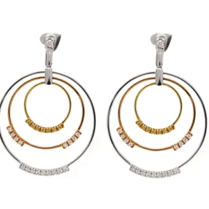 three concentric circles of yellow, white, and rose gold accented with yellow, pink and white diamonds