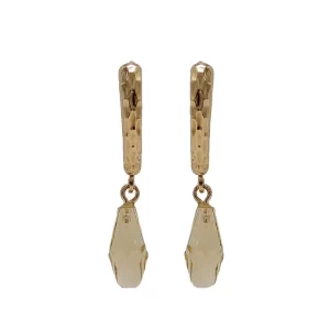dangle lever earrings with long diamond-shaped citrine handing from hammered yellow gold