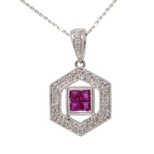 4 princess cut rubies and round diamond hexagon halo in deco-style pendant