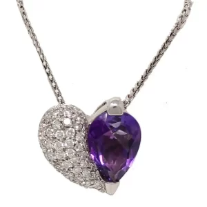 small round diamonds and large pear amethyst in a heart-shaped pendant