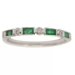 band of step-cut bezel set emeralds separated by round bezel set diamonds