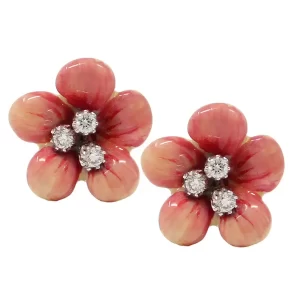flower post earrings of pink enamel with 5 petals and 3 diamonds in the center