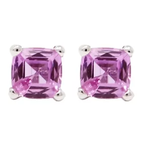 stud earrings with princess cut pink sapphires set with 4 white gold prongs