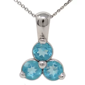 three individually set round blue topaz in a triangle shaped pendant