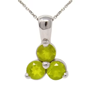 three individually set round peridot in a triangle shape pendant