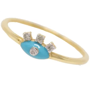 dainy evil eye ring with aqua blue enamel and 4 diamonds