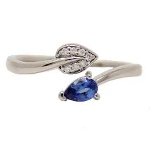 pear sapphire leaf and diamonds leaf in a dainty ring