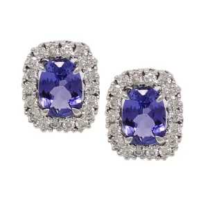 post earrings with a radiant cut tanzanite with a diamond halo