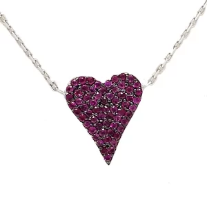 many small pink sapphires set in a heart shape in white gold and attached to a chain