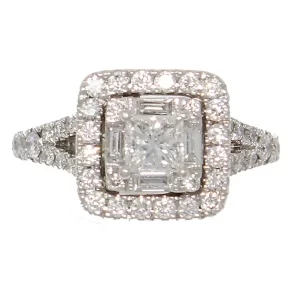 princess cut center stone surrounded by 2 halos of baguettes and round diamonds with round diamonds on the spit shank