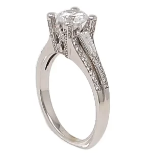 semi-mount cathedral setting with baguetts and round accent diamonds on the elaborate gallery and shank; ready for a 1-carat round center stone