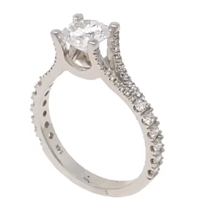 semi-mount-cathedral setting with diamonds on the prongs, shoulders, and shank; ready for a 1-carat round center stone