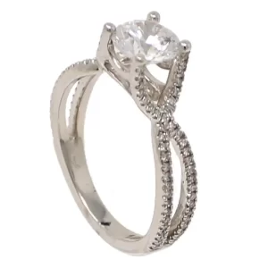 semi-mount cathedral setting with a split shank and round accent diamonds on the prongs, shoulders and shank; ready for a 1-carat round center stone