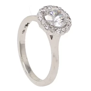 semi-mount with a halo of round diamonds and an unaccented shank; ready for a 1-carat center stone