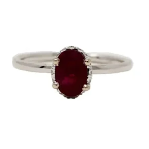 14KT W/G engagement ring with 1.08ct Ruby with a hidden halo of round .12cttw diamonds